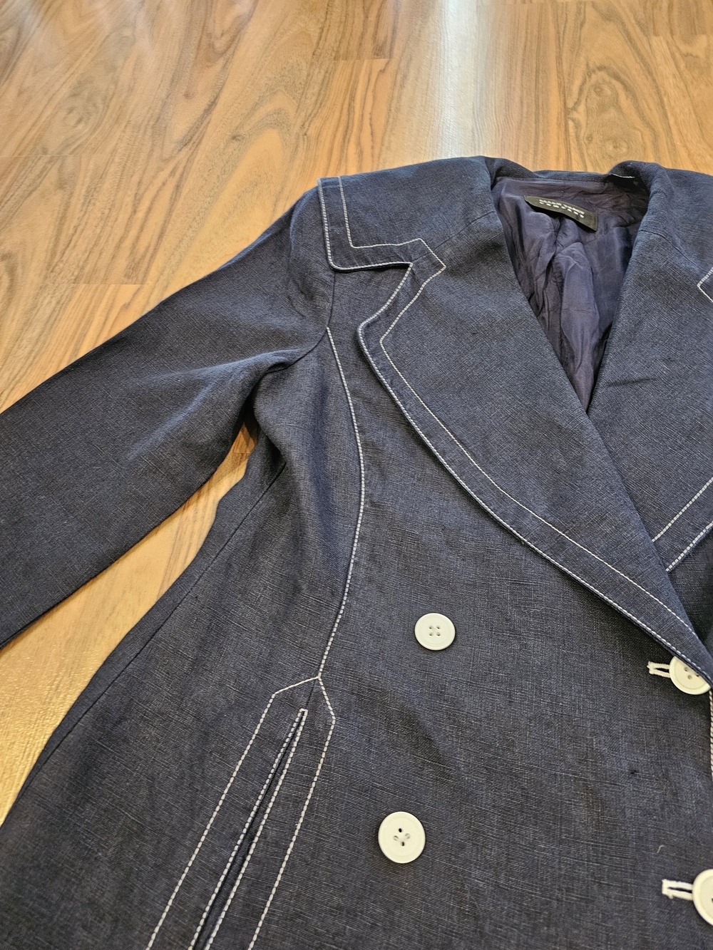 Vintage Ellen Tracy 100% Linen Navy Sailor Collar Blazer Jacket - Picture 5 of 15